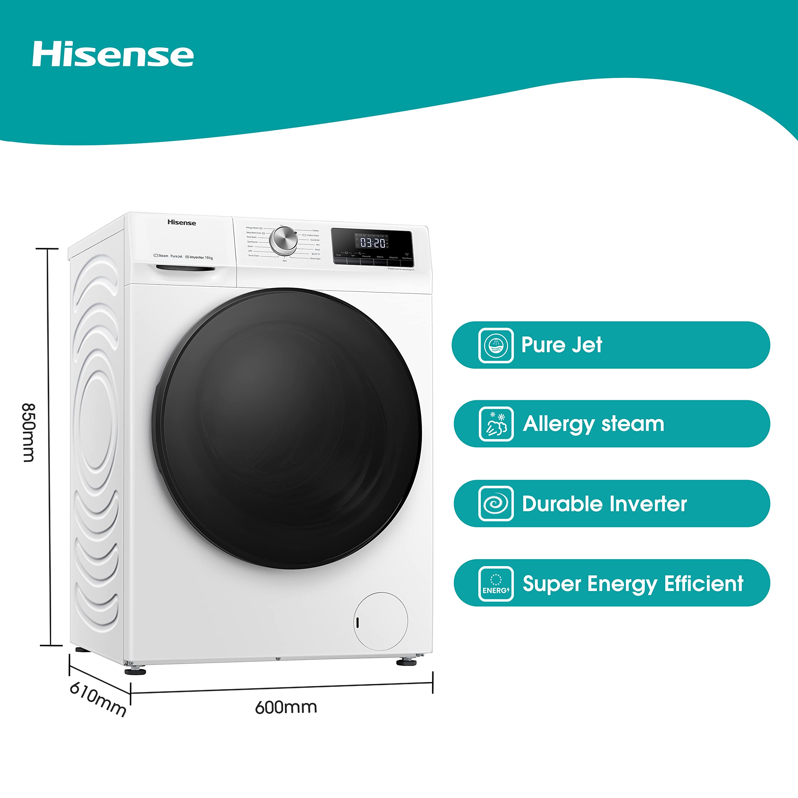 Freestanding Front Load Washing Machine – 10kg, 1400 RPM, Inverter Motor, Quick Wash, Steam Wash, White, Energy Class A