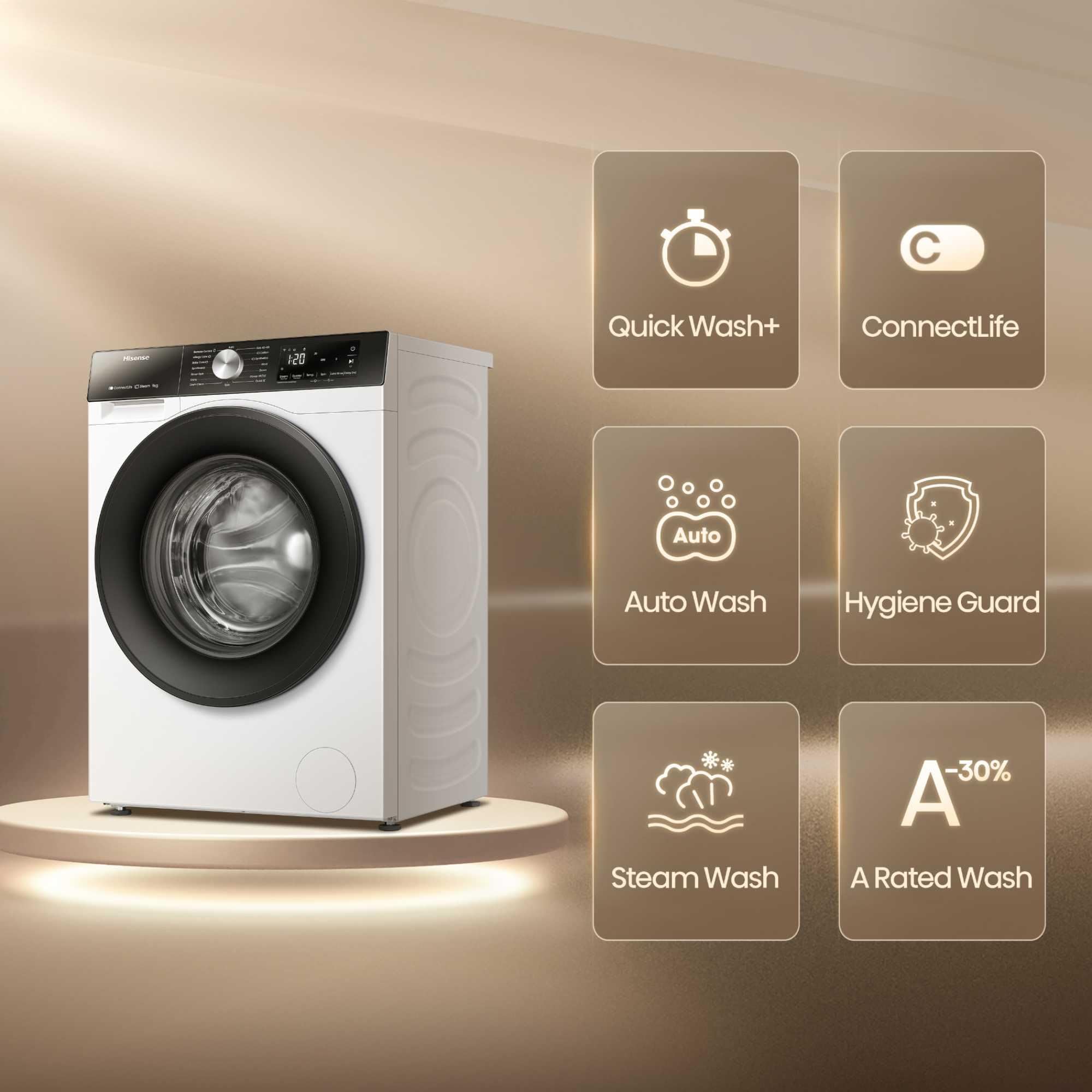 Freestanding Front Load Washing Machine – 9kg, 1400 RPM, WiFi Connected, Quick & Steam Wash, White, Energy Class A
