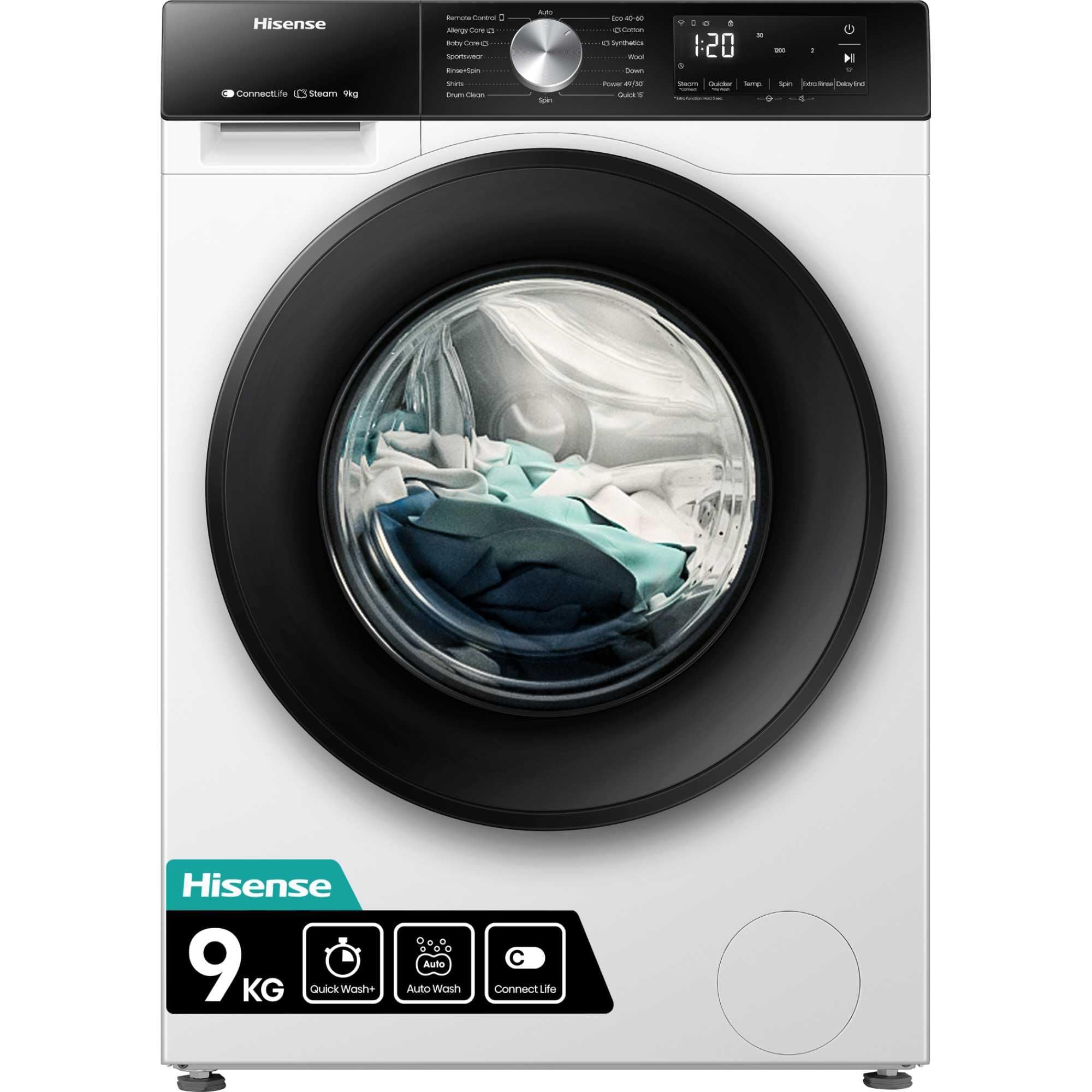 Freestanding Front Load Washing Machine – 9kg, 1400 RPM, WiFi Connected, Quick & Steam Wash, White, Energy Class A