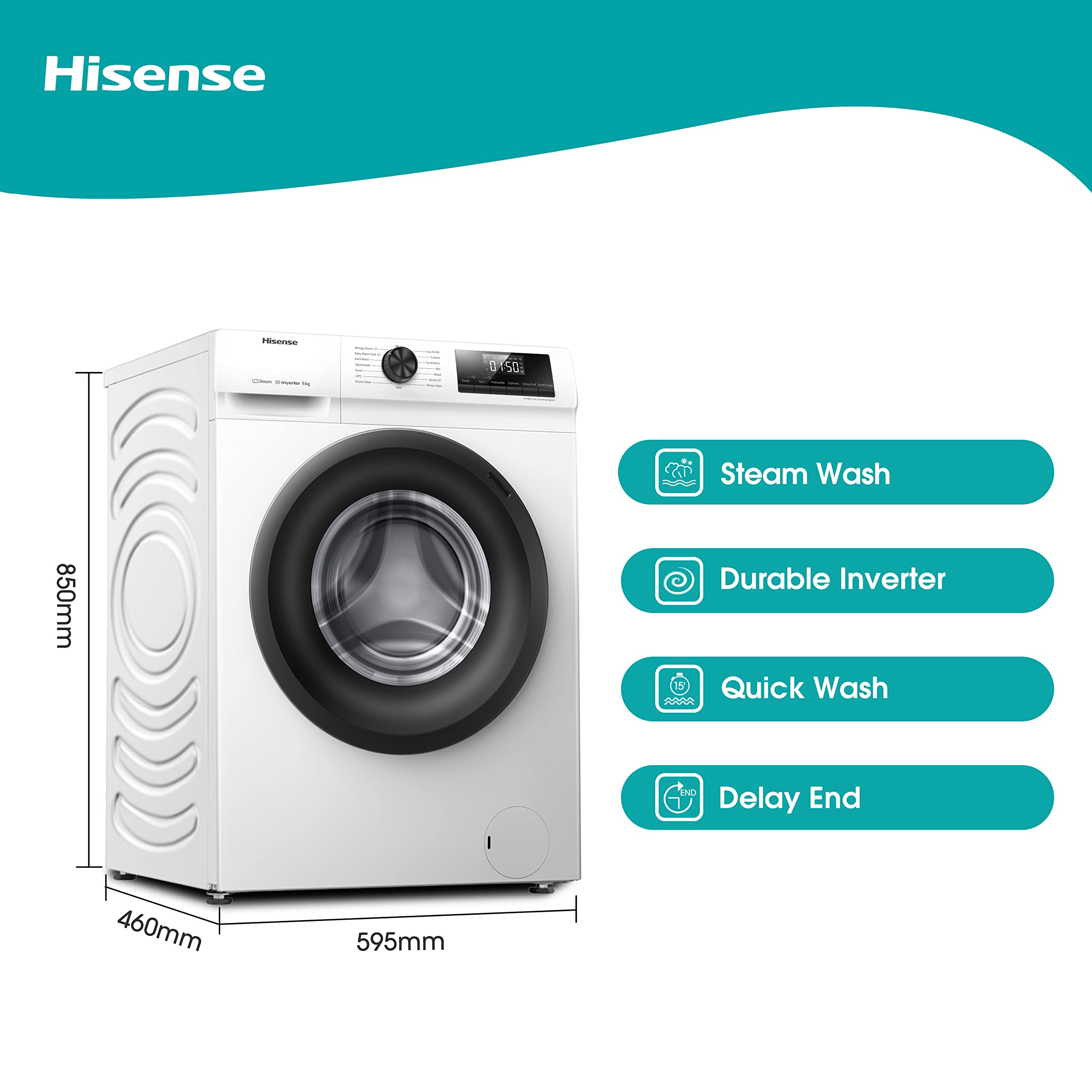 Freestanding Front Load Washing Machine – 6kg, Inverter Motor, 15 Programs, Quick & Steam Wash, 1200 RPM, White, Energy Class C