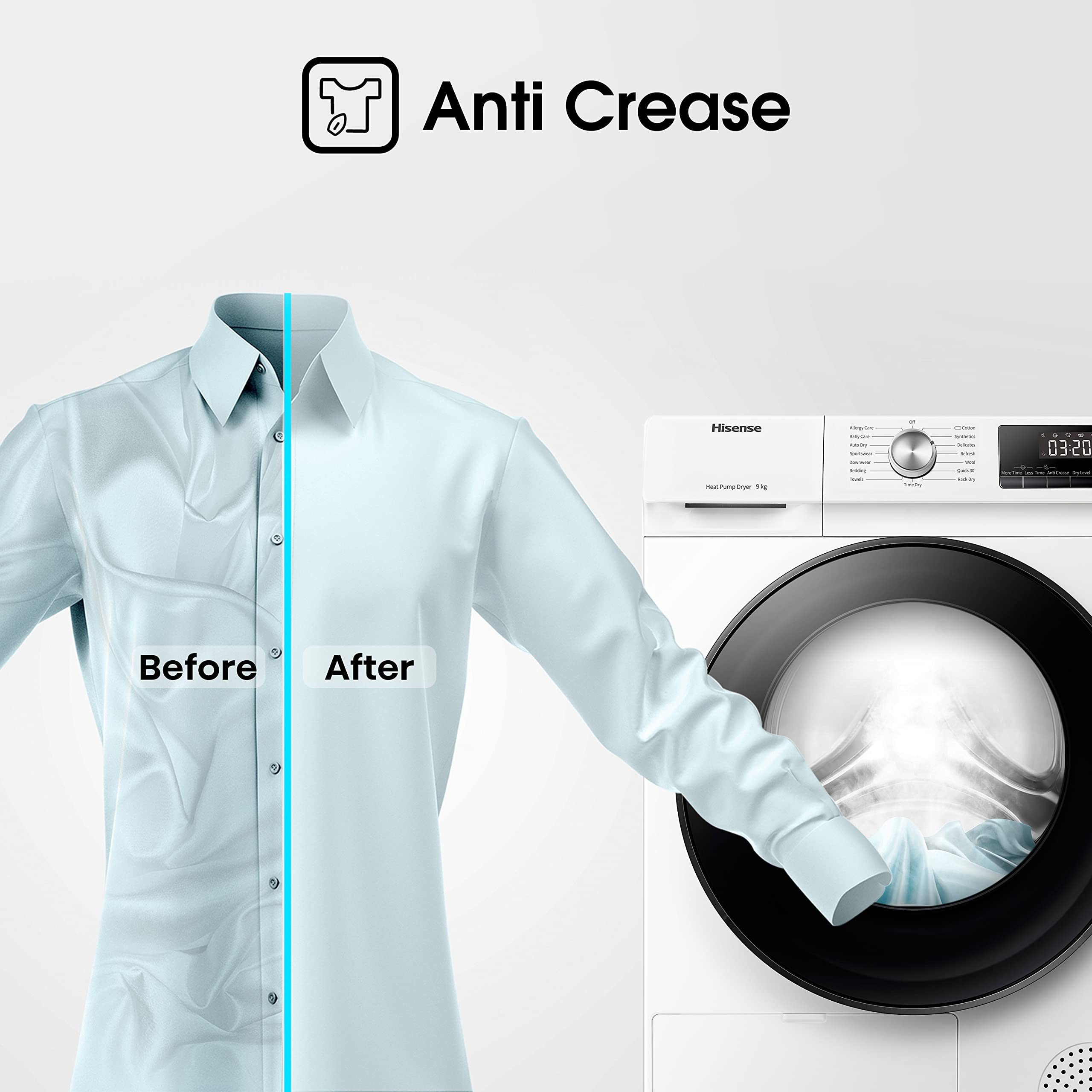 Freestanding Heat Pump Tumble Dryer – 9kg, Front Load, 15 Programs, Auto-Dry, Steam Refresh, Allergy Care, White (60cm)