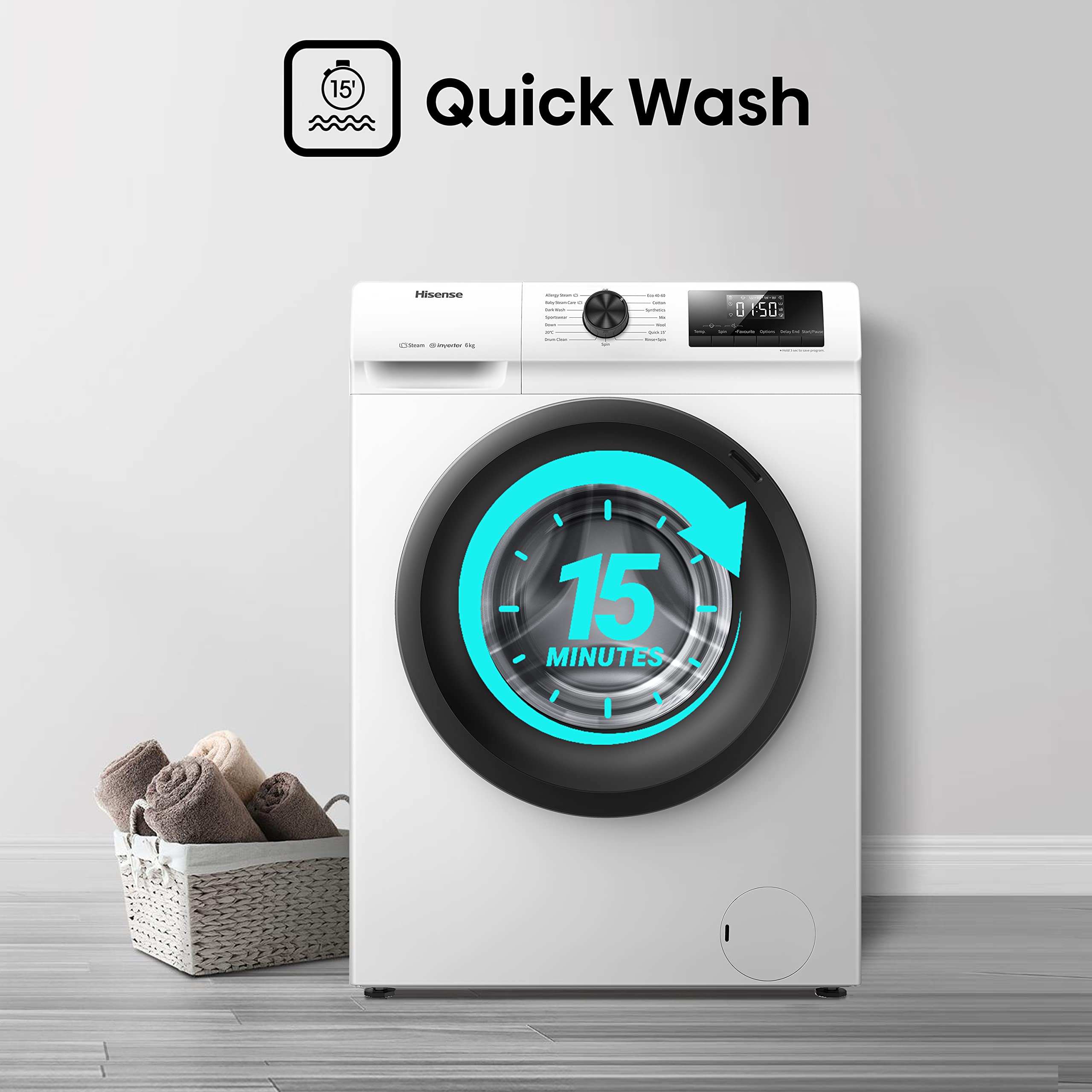 Freestanding Front Load Washing Machine – 6kg, Inverter Motor, 15 Programs, Quick & Steam Wash, 1200 RPM, White, Energy Class C