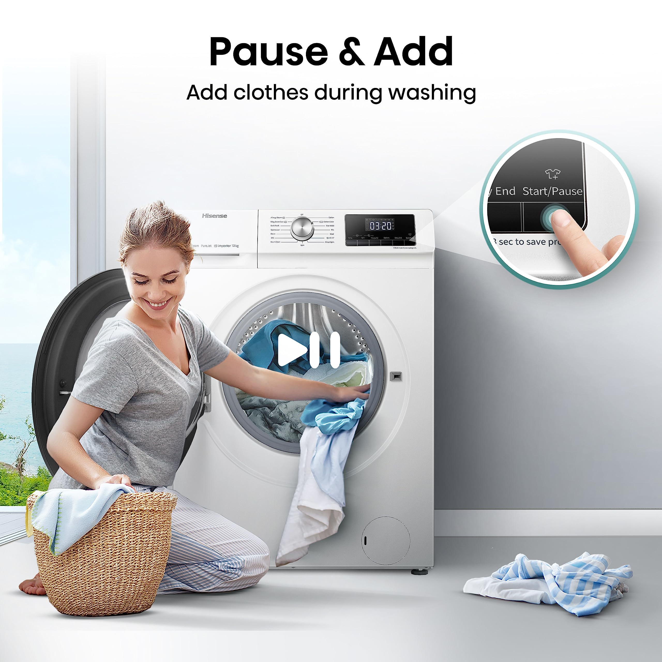 Freestanding Front Load Washing Machine – 12kg, Inverter Motor, 15 Programs, Quick & Steam Wash, 1400 RPM, White, Energy Class A
